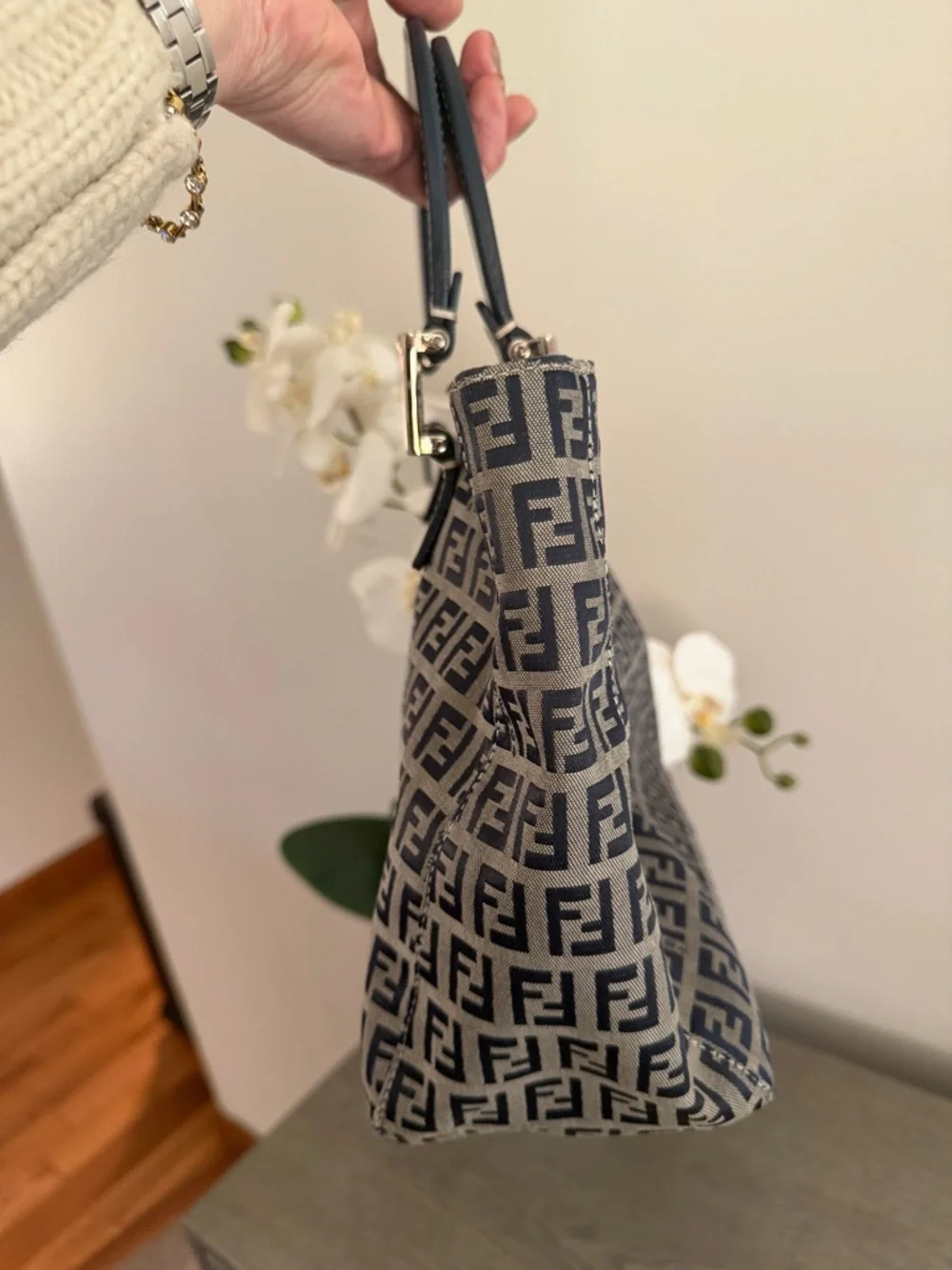 Fendi Zucca Logo Tote in Navy and Beige Canvas
